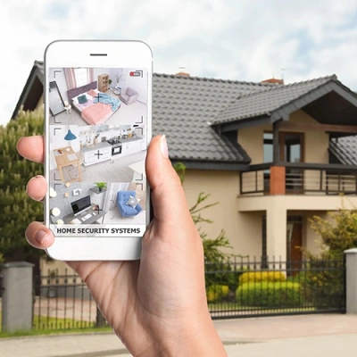 Long Beach vivint phone display of cctv live feed in front of a house